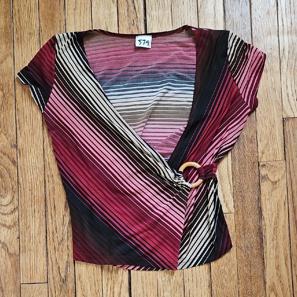 5.7.9 Striped Red and Black Women's Plunging Neck Line Top